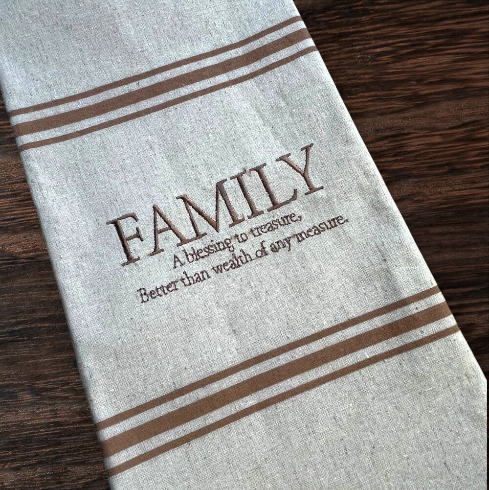 NWT Embroidered Linen Tea Towel Family Tan and Brown Kitchen Cottagecore Pioneer